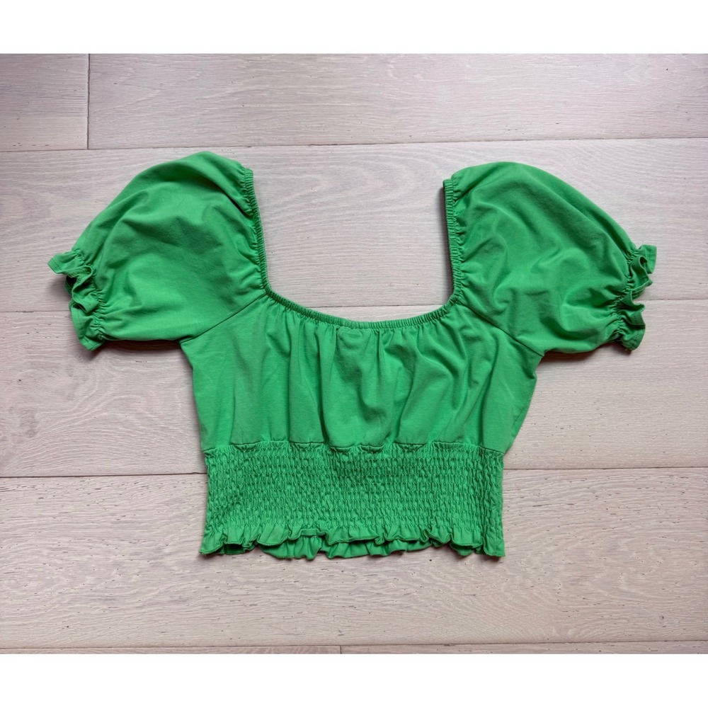 Topshop Green Puff Sleeve Smocked Crop Top Women's Size 8 Cottagecore Y2K
